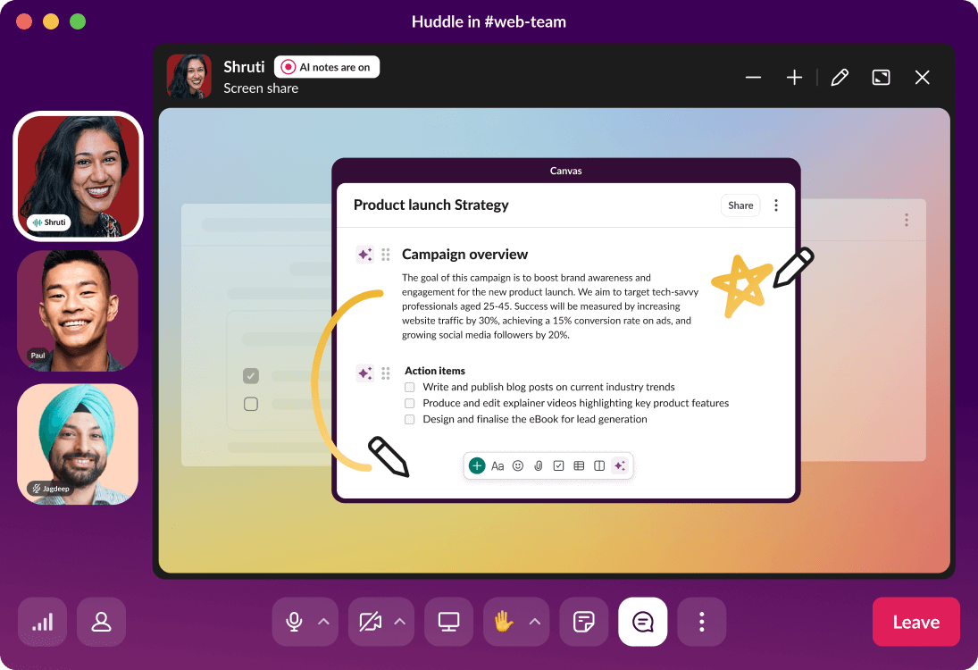 A huddle in Slack shows a presentation for product launch strategy.