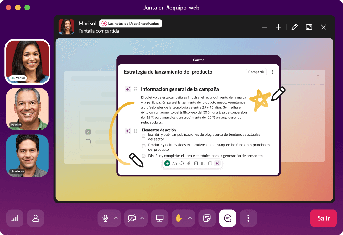 Una junta en Slack muestra una presentación sobre la estrategia de lanzamiento de un producto.