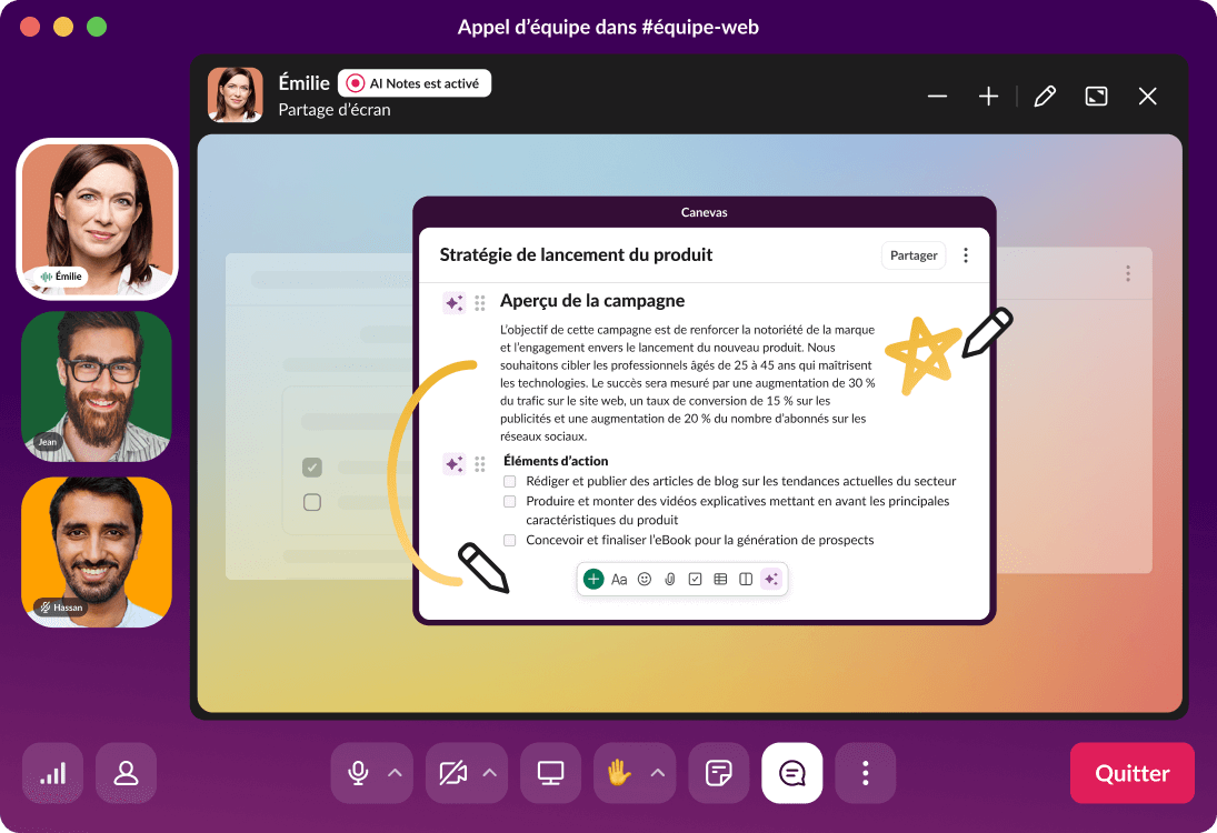 Un appel d’équipe dans Slack présente une stratégie de lancement de produit.