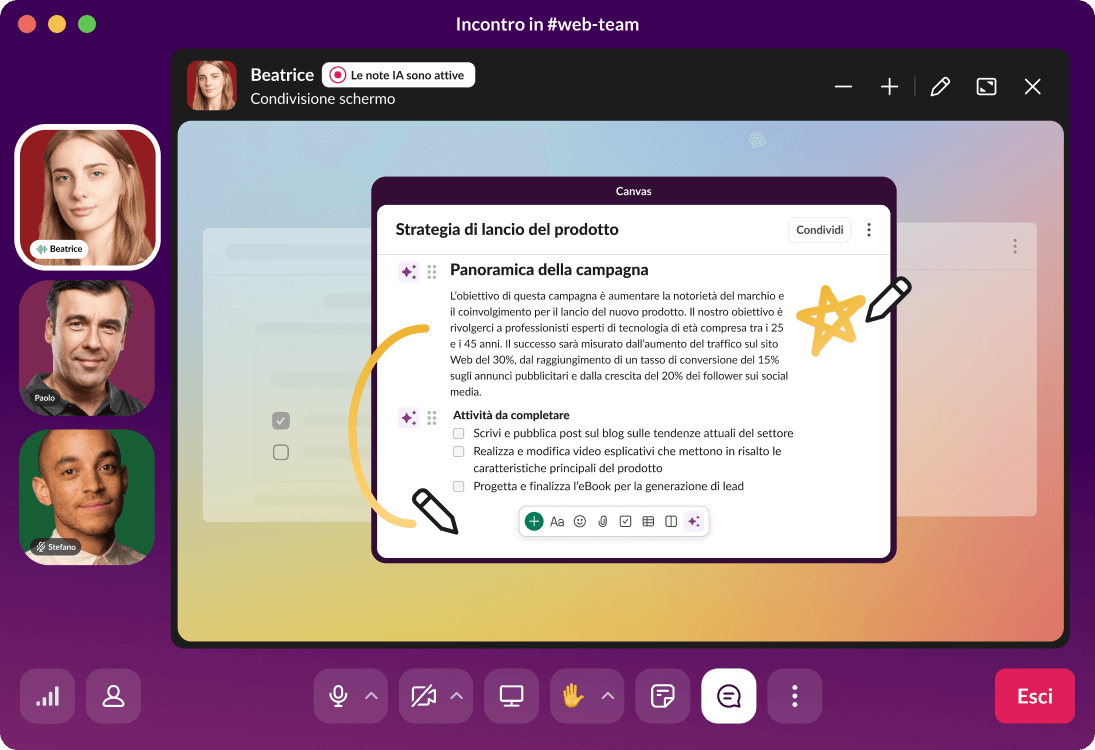 Un incontro in Slack mostra una presentazione per la strategia di lancio di un prodotto.