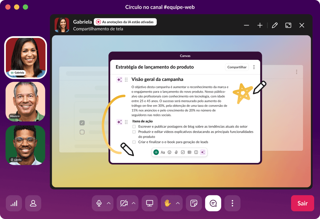 Um círculo no Slack mostra uma apresentação sobre a estratégia de lançamento do produto.