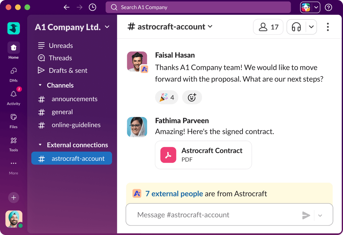 A Slack Connect channel shows a conversation between an internal team and external clients.