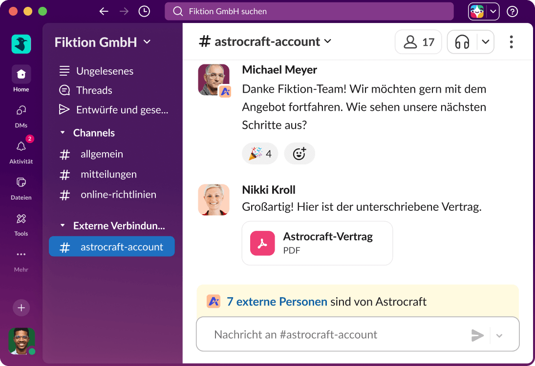 Ein Slack Connect-Channel zeigt eine Unterhaltung zwischen einem internen Team und externen Kund:innen.