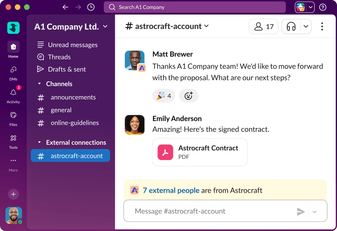 A Slack Connect channel shows a conversation between an internal team and external clients.