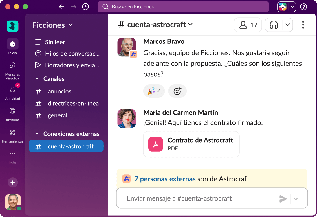 Un canal de Slack Connect muestra una conversación entre un equipo interno y clientes externos.