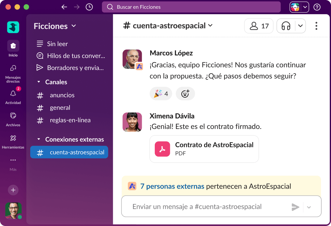 Un canal de Slack Connect muestra una conversación entre un equipo interno y clientes externos.