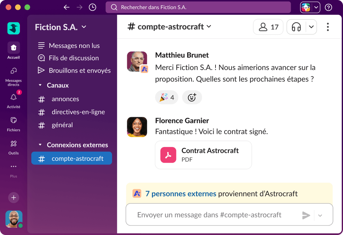 Un canal Slack Connect affiche une conversation entre une équipe interne et des clients externes.