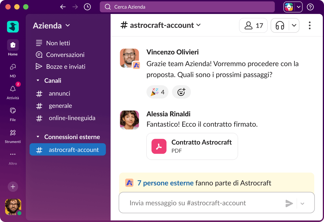 Un canale Slack Connect mostra una conversazione tra un team interno e clienti esterni.