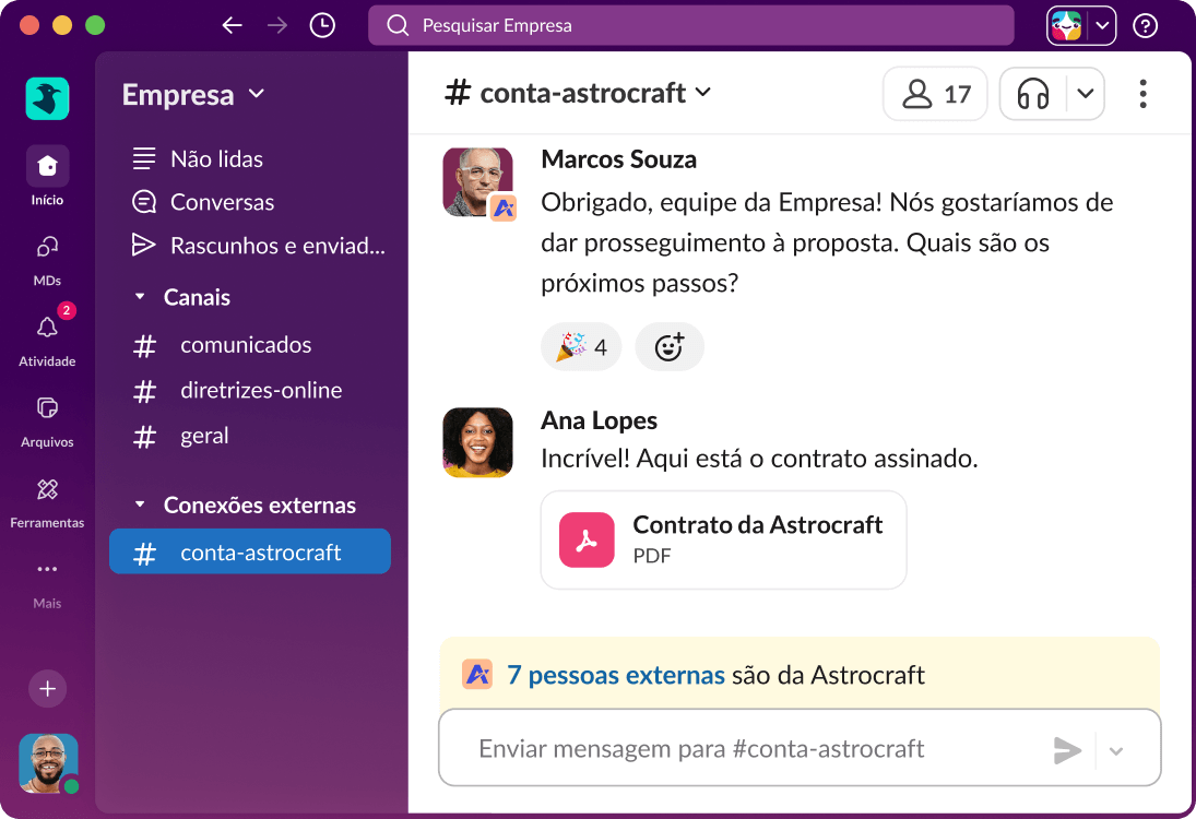 Um canal do Slack Connect mostra uma conversa entre uma equipe interna e clientes externos.