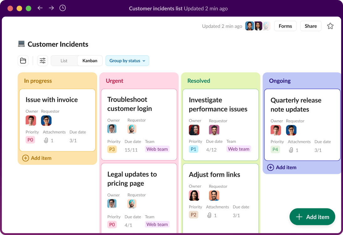 A project management board in Slack displays customer incidents.