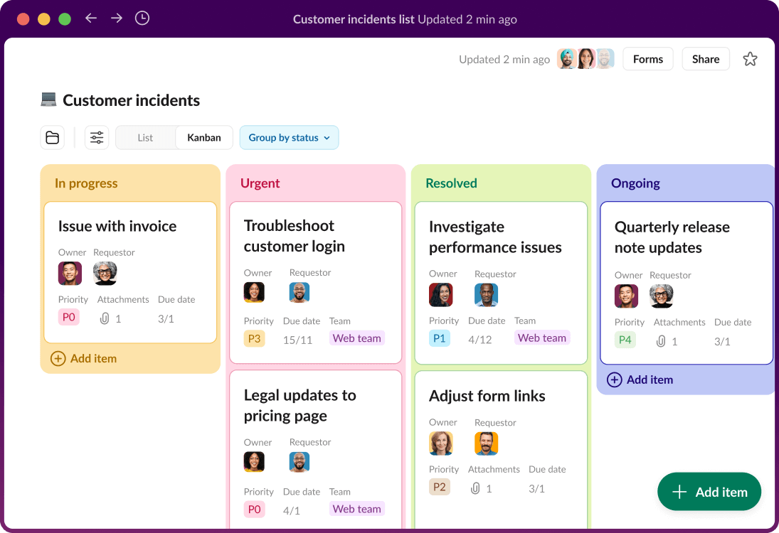 A project management board in Slack displays customer incidents.