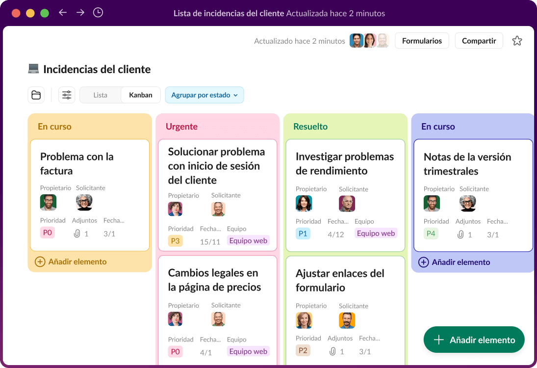 Un panel de gestión de proyectos en Slack muestra incidencias de clientes.