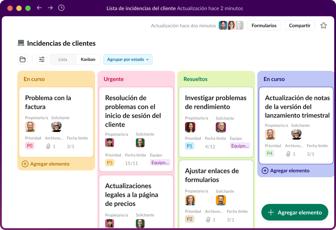 Un tablero de administración de proyectos en Slack muestra las incidencias de los clientes.