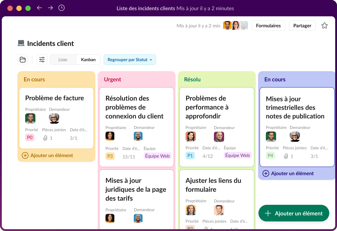 Un tableau de gestion de projet dans Slack affiche les incidents clients.