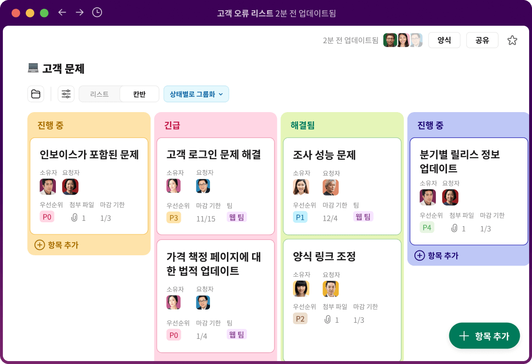 고객 문제가 표시되는 Slack의 프로젝트 관리 보드.