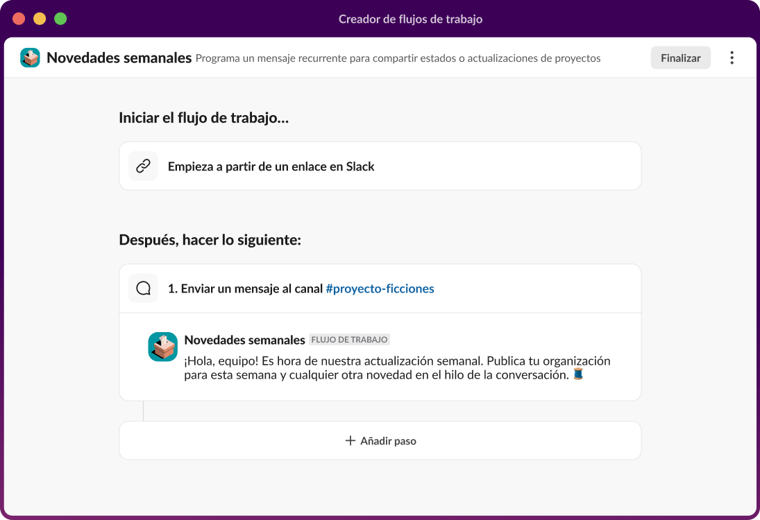 Un creador de flujos de trabajo resalta los pasos para enviar un mensaje a un canal y añadir pasos.