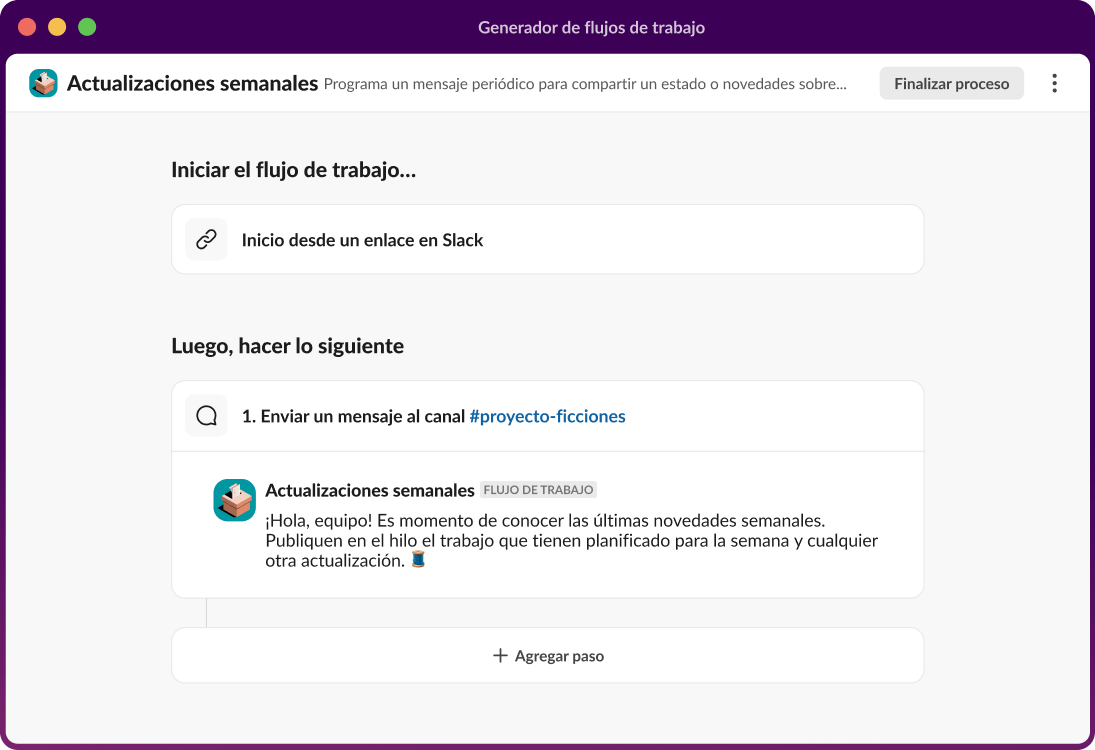 Un generador de flujos de trabajo subraya las acciones necesarias para enviar un mensaje a un canal y agregar pasos.