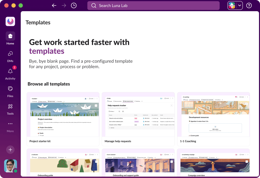 Slack UI shows various workflow templates.