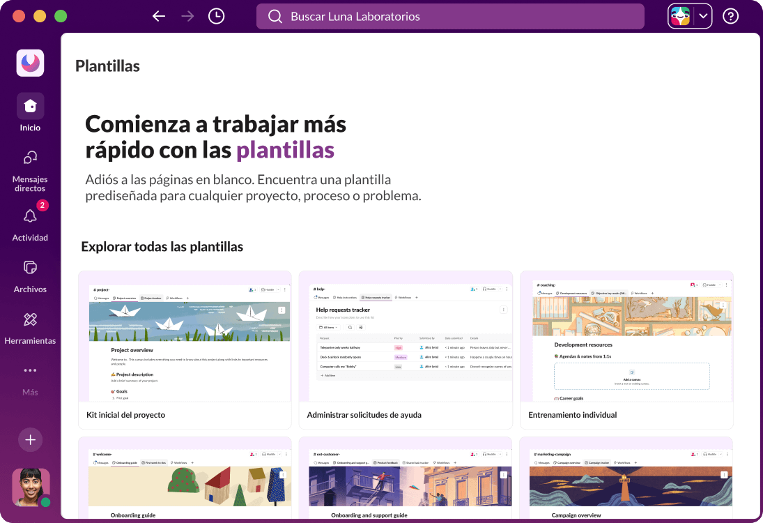 La interfaz de usuario de Slack muestra varias plantillas de flujo de trabajo.