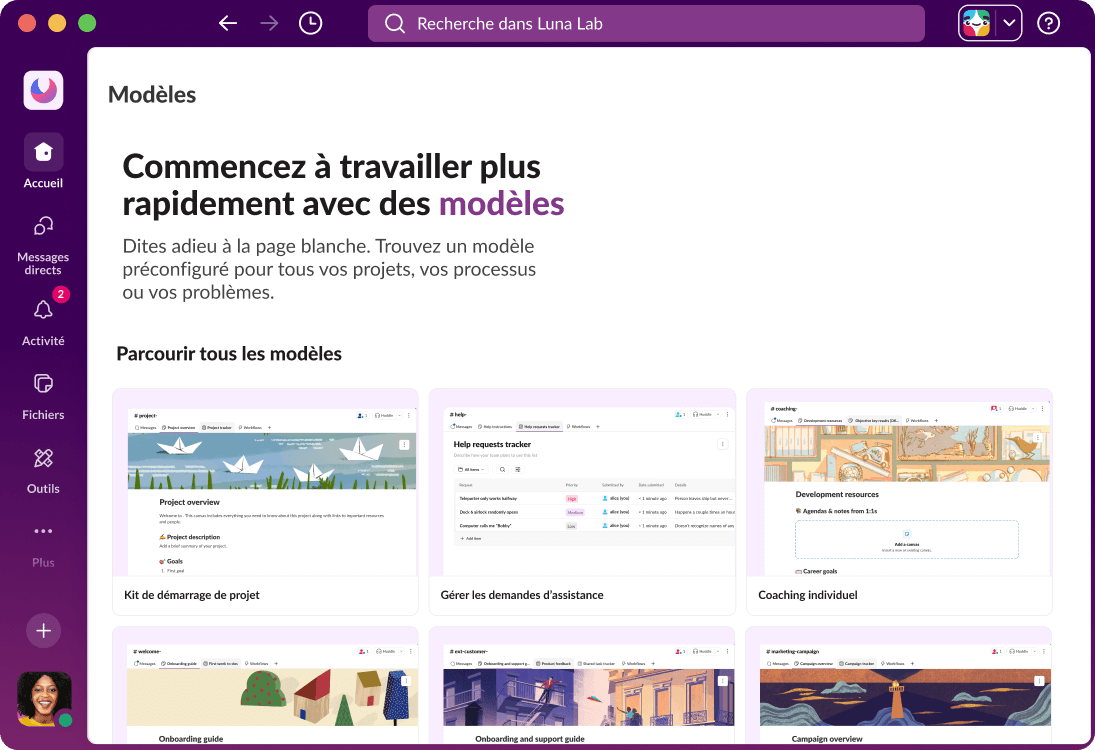 L’interface utilisateur Slack affiche différents modèles de flux de travail.