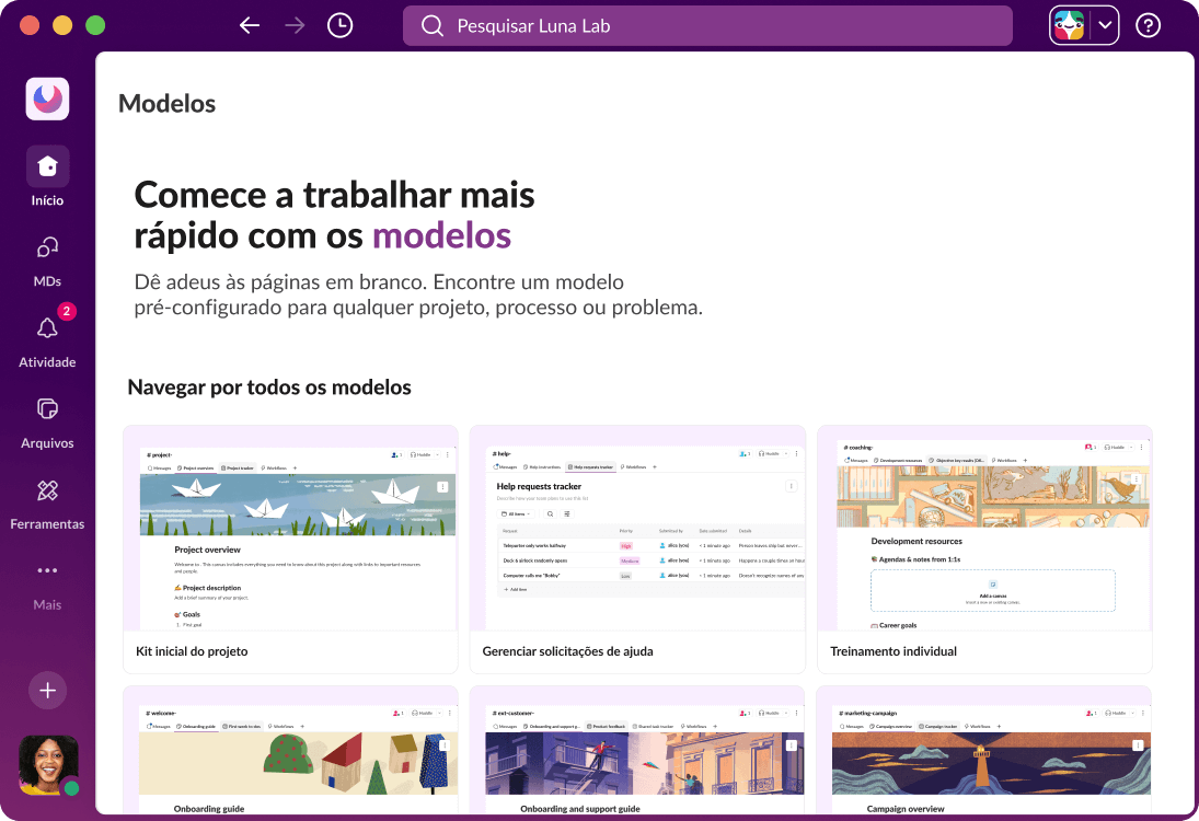 A interface do Slack mostra vários modelos de fluxo de trabalho.