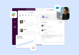  Split view of a Salesforce Channel in both Slack and Salesforce UIs, a Tableau Next metric in Slack, logos, and a person working.