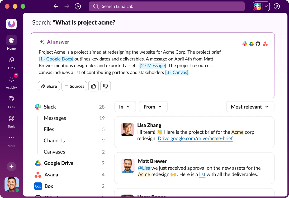 Slack UI displays an AI answer to a search query.
