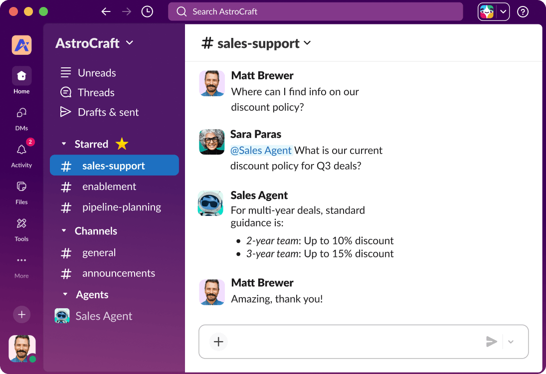 Slack UI shows the a conversation thread between a team and an Agentforce agent.