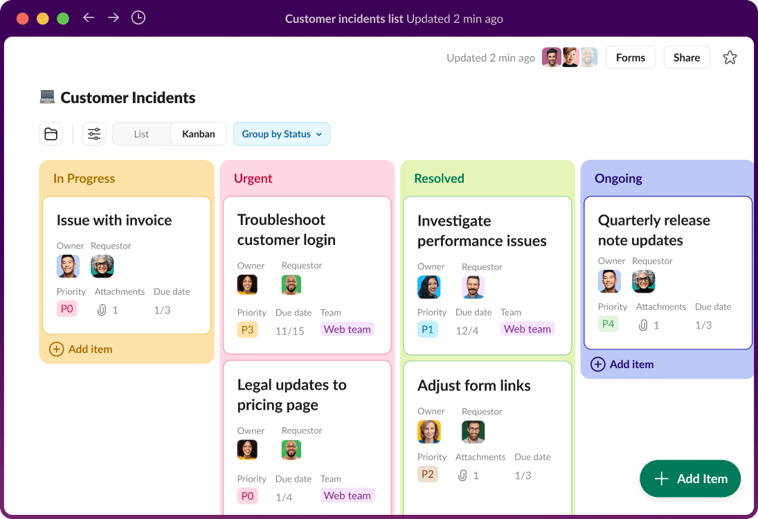 A project management board in Slack displays customer incidents.