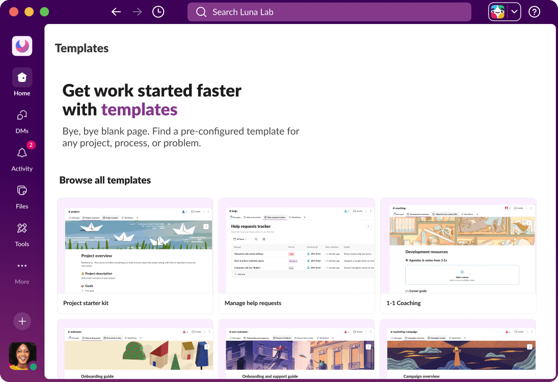 Slack UI shows various workflow templates.