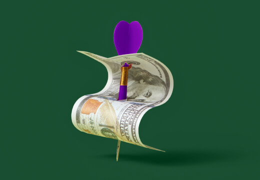 An image of 3 stacks of coins, descending from left to right in height, with a blank paper tag on the far right