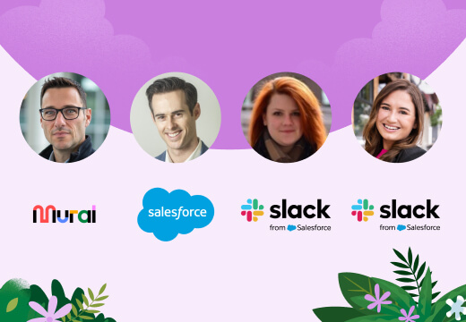 Headshots of 4 speakers of the webinar, accompanied by their company logos below each headshot: Mural, Salesforce and Slack from Salesforce.