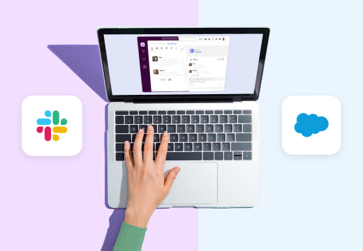 Top-down view of a laptop displaying a Salesforce Channel, with user's hand on keyboard, positioned between Slack and Salesforce logo blocks.