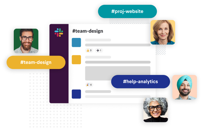 A Slack channel surrounded by people’s profile photos and channel names like “team design” and “billing”