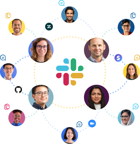 Icons of people, apps, messages and files connected to each other around the Slack logo.