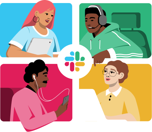 Ilustração de quatro colegas trabalhando juntos com o logotipo do Slack no centro.