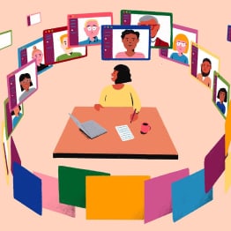 Pessoa rodeada por colegas de trabalho nos apps Slack