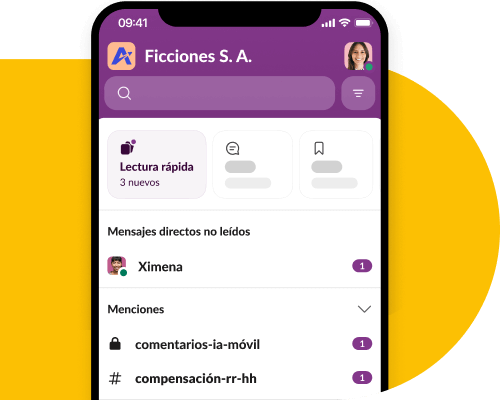La aplicación móvil de Slack es visible con mensajes y menciones