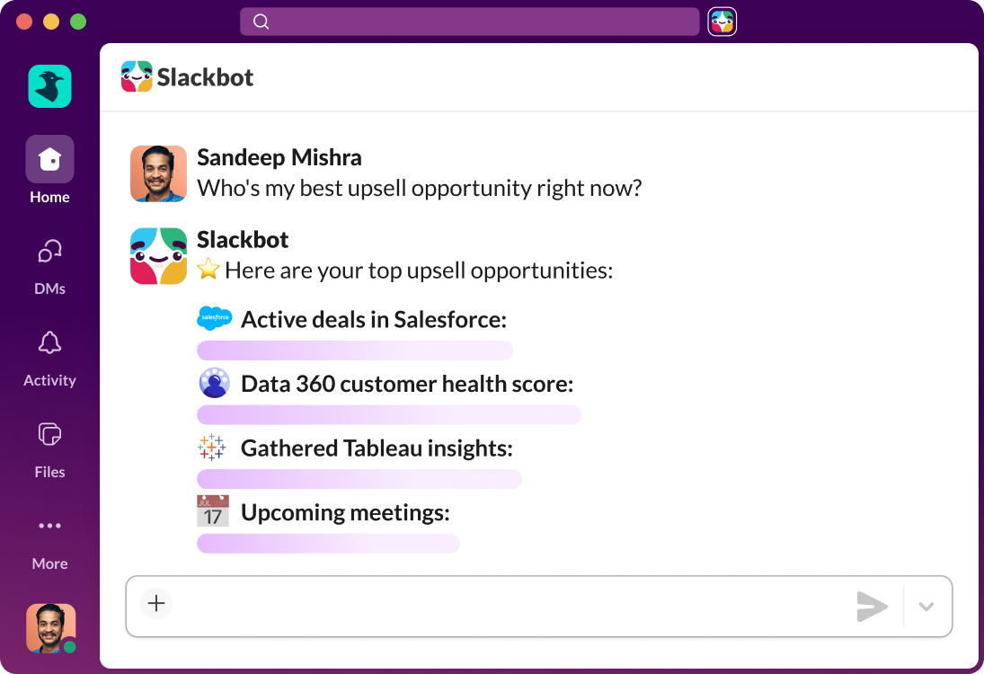 Slackbot responds to a question about upsell opportunities by pulling from Salesforce, Data 360, Tableau and upcoming meetings