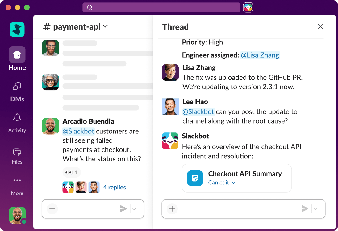 Slackbot is tagged in a channel and provides a summary of an ongoing incident