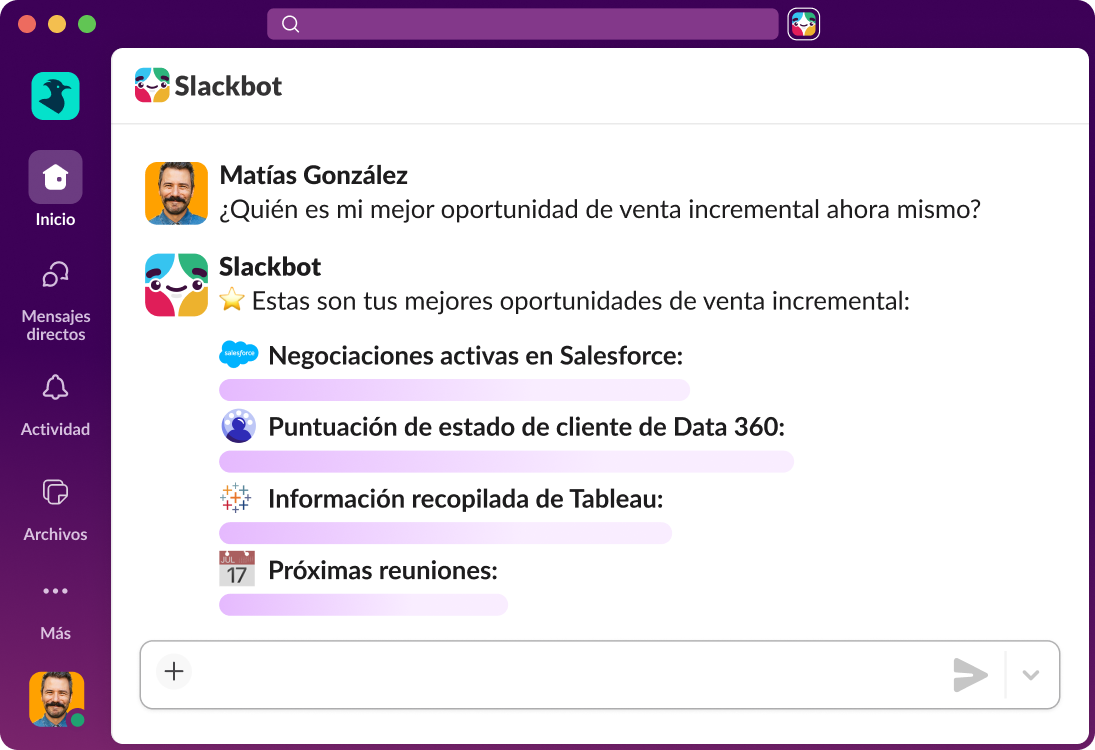 Slackbot responde a una pregunta sobre oportunidades de venta incremental con información de Salesforce, Data 360, Tableau y las próximas reuniones