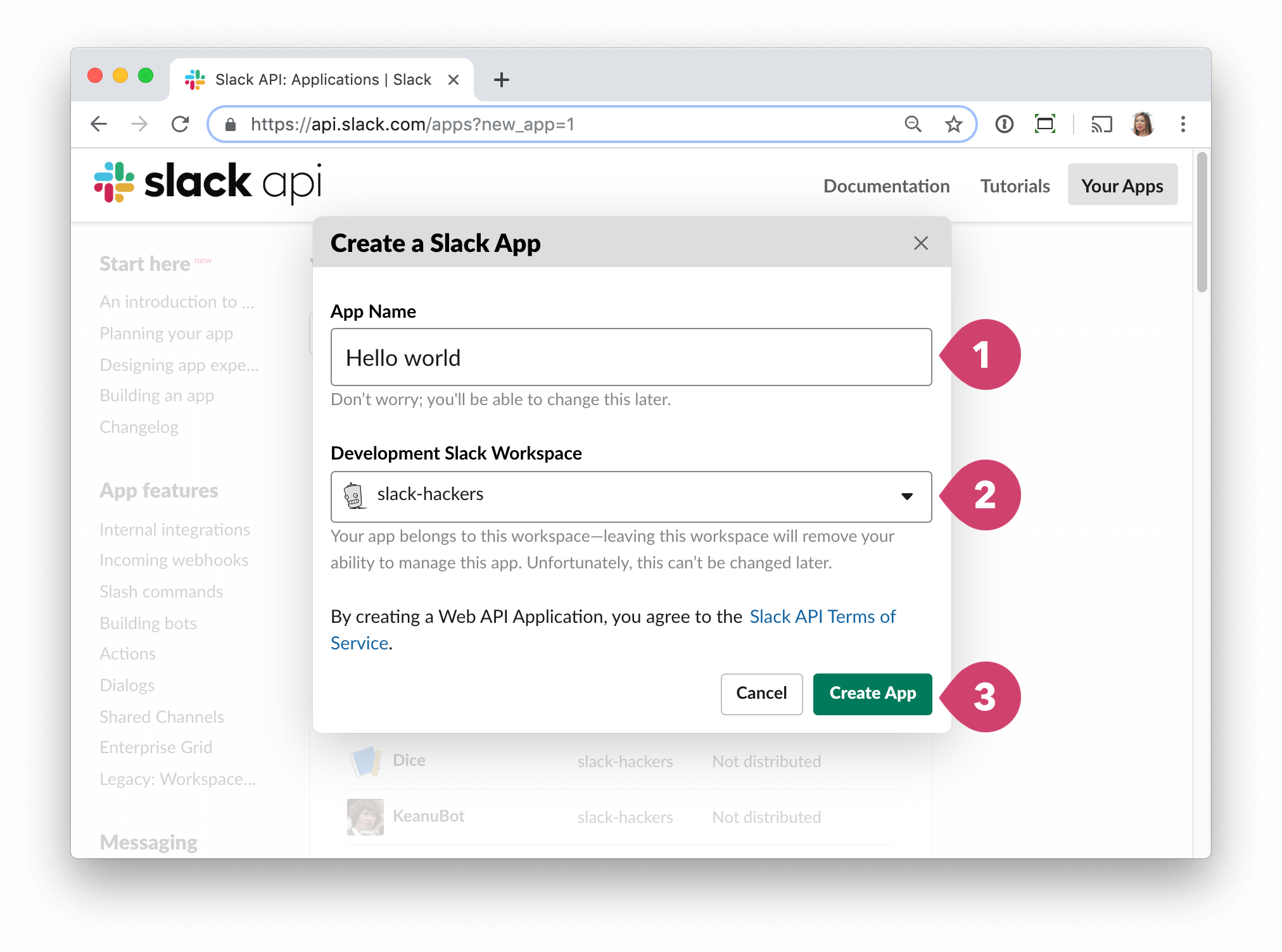 screen -  Slack config create a slack app