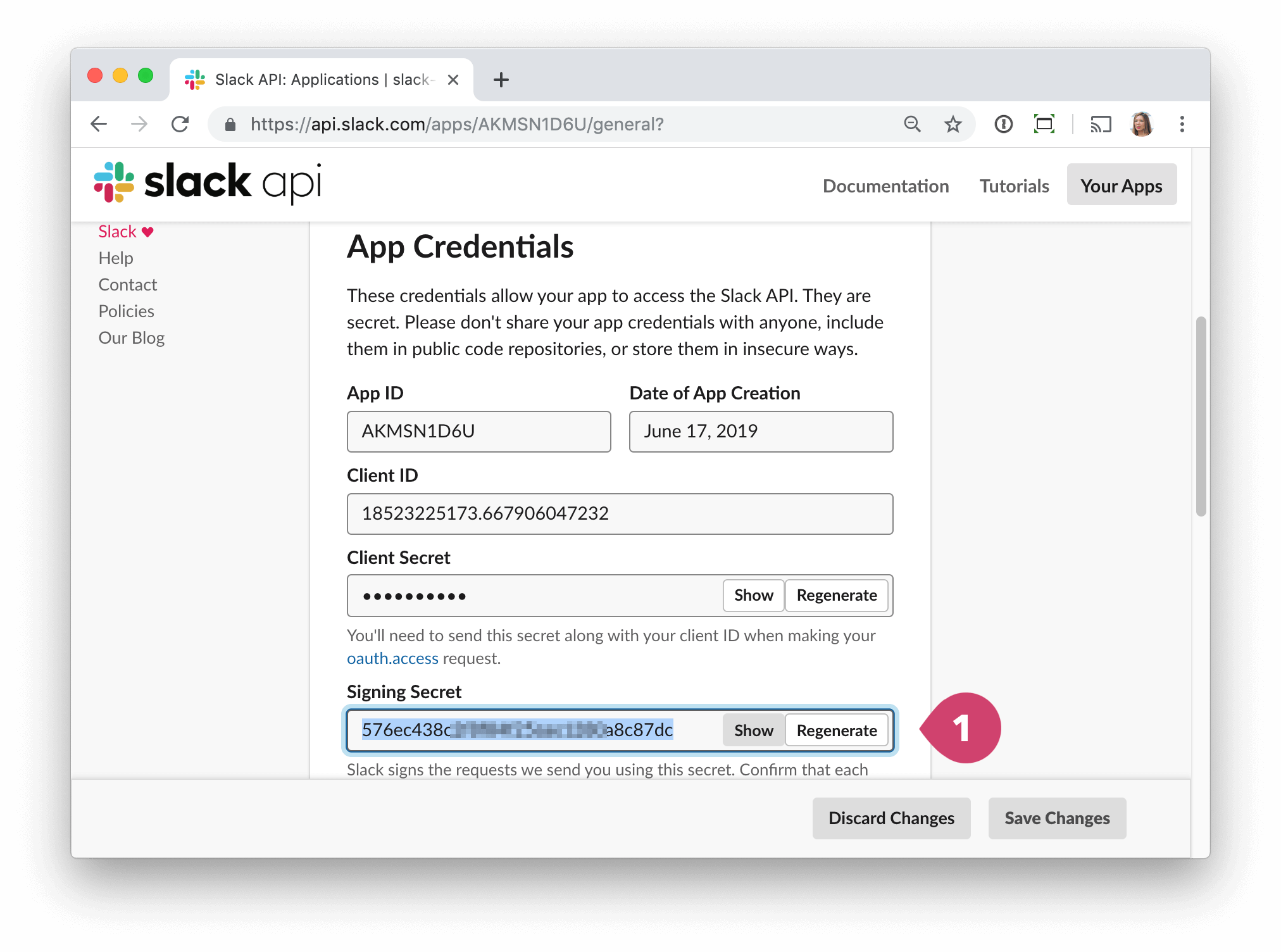 screen - Slack config app credentials