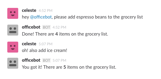 A conversation between @celeste and @officebot