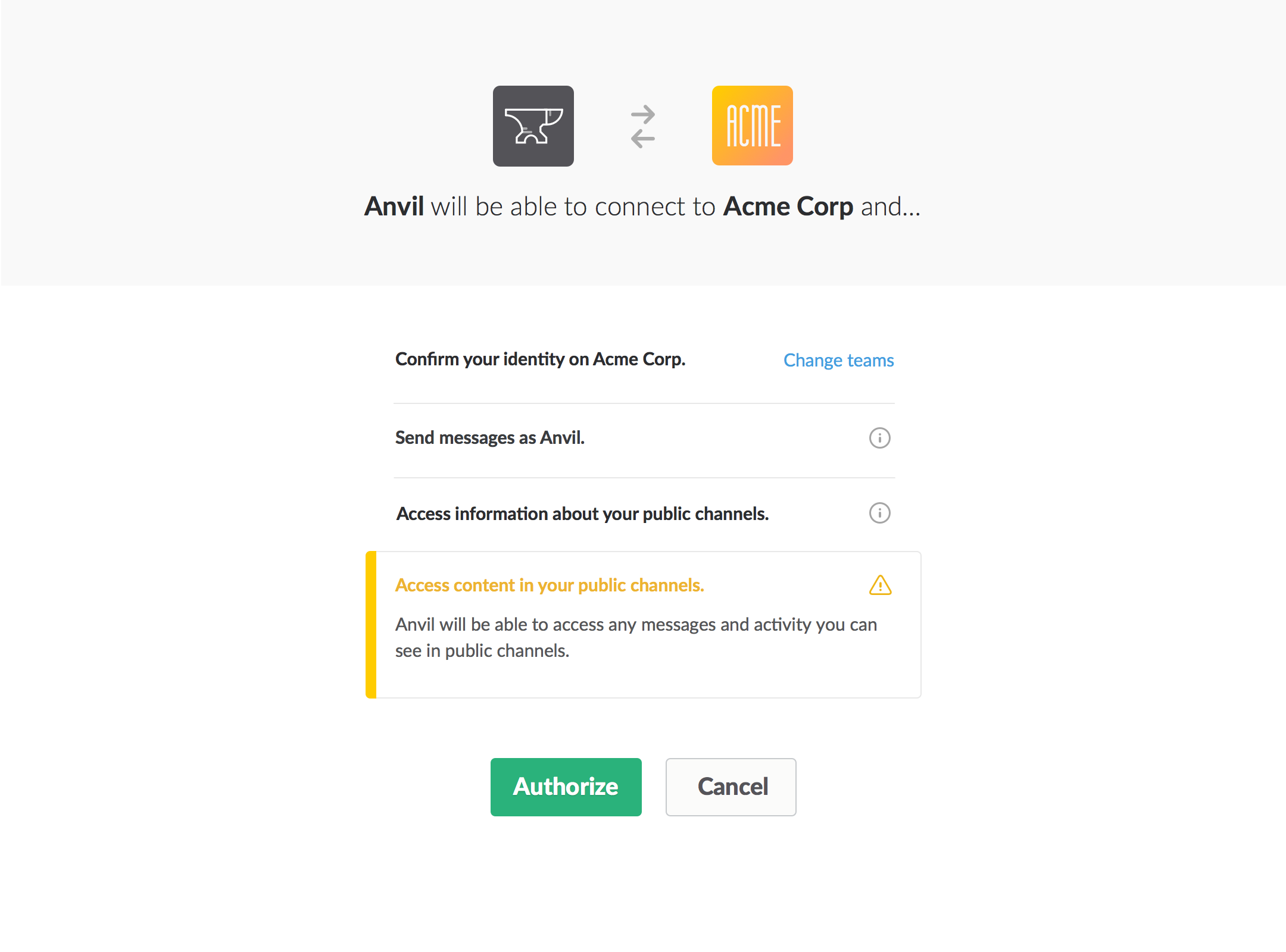 A screen showing the requested scopes during an OAuth request