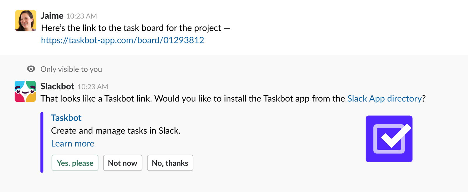 user posting taskbot link, response from slackbot to install taskbot