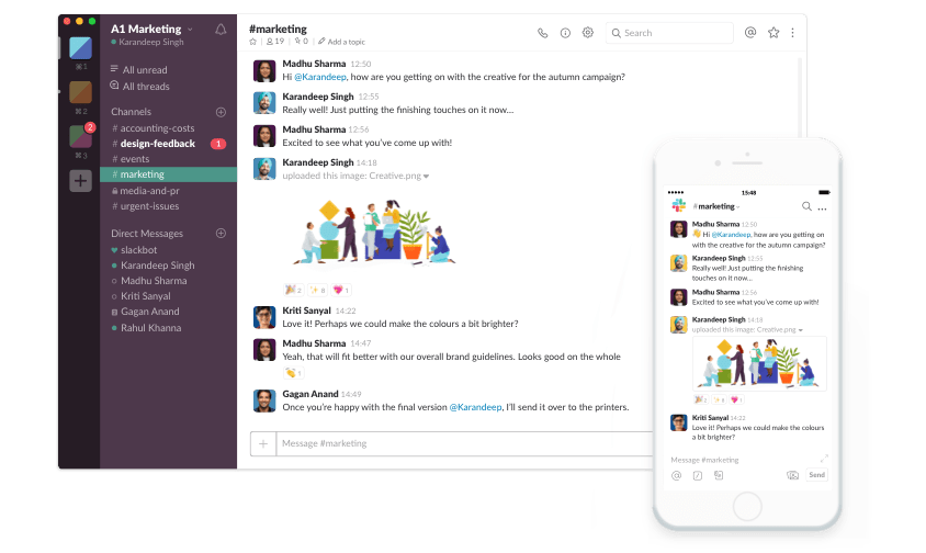 Slack workspaces are available on your laptop and phone