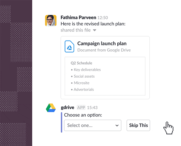 Example of a Google Drive app used in a Slack workspace