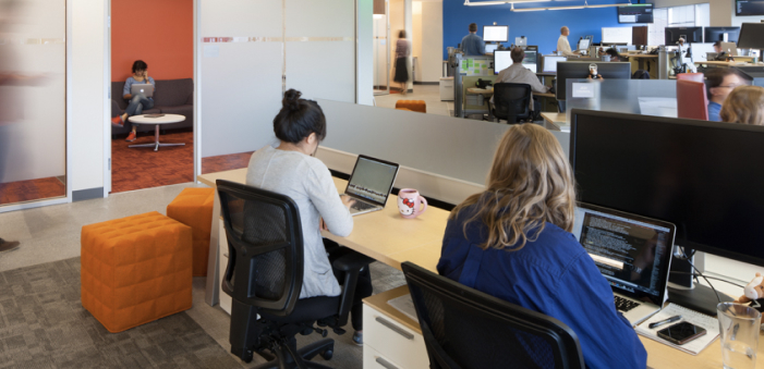 Two Splunk employees assess data on their computers
