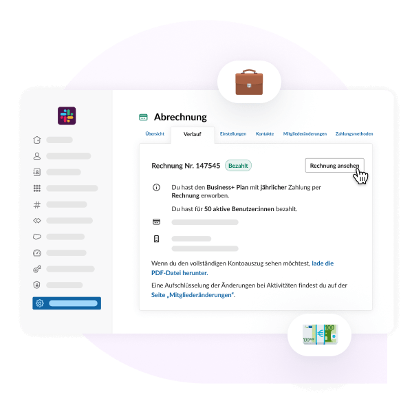 Vereinfachte Darstellung der Schnittstelle von Slack für die Rechnungsstellung mit Rechnungsdetails und Zahlungsbestätigung